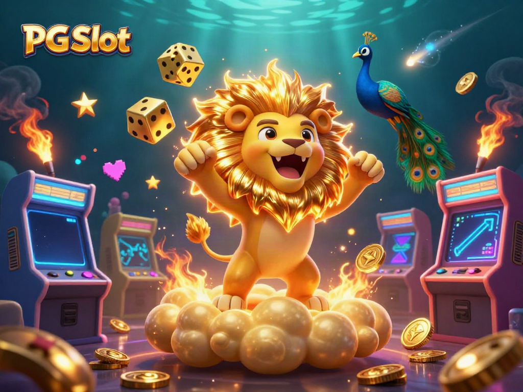 Experience the excitement of PG Slot with a dynamic 3D casino scene featuring a roaring lion, vibrant games, and cosmic elements.
