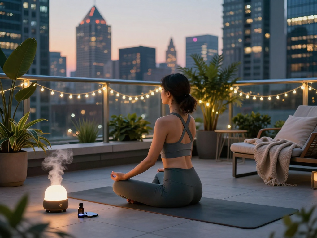 Individual practicing mantra88 mindfulness meditation on a rooftop terrace.