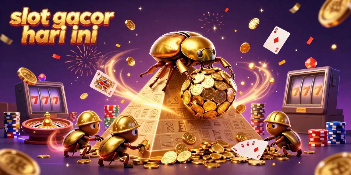 Melihat slot gacor hari ini di ilustrasi 3D bertema kasino dengan serangga emas besar.