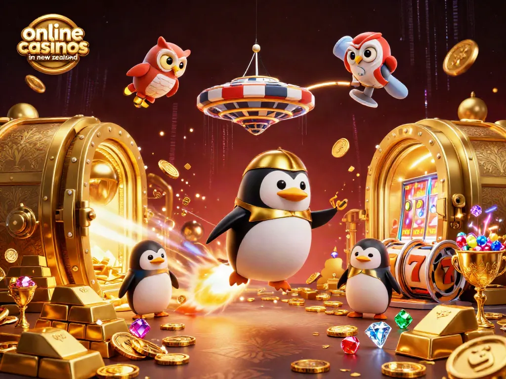 Spin the reels with excitement at the leading online casinos in New Zealand, featuring a golden penguin and treasure.