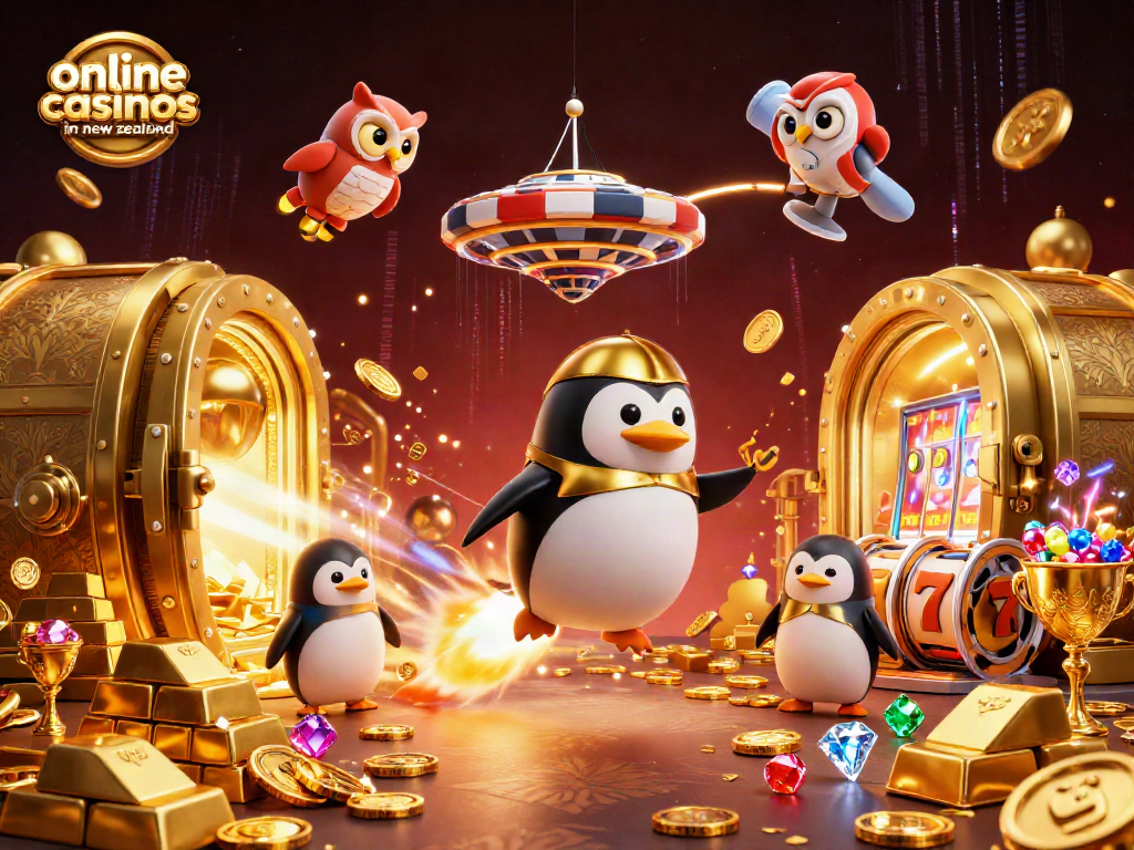 Spin the reels with excitement at the leading online casinos in New Zealand, featuring a golden penguin and treasure.