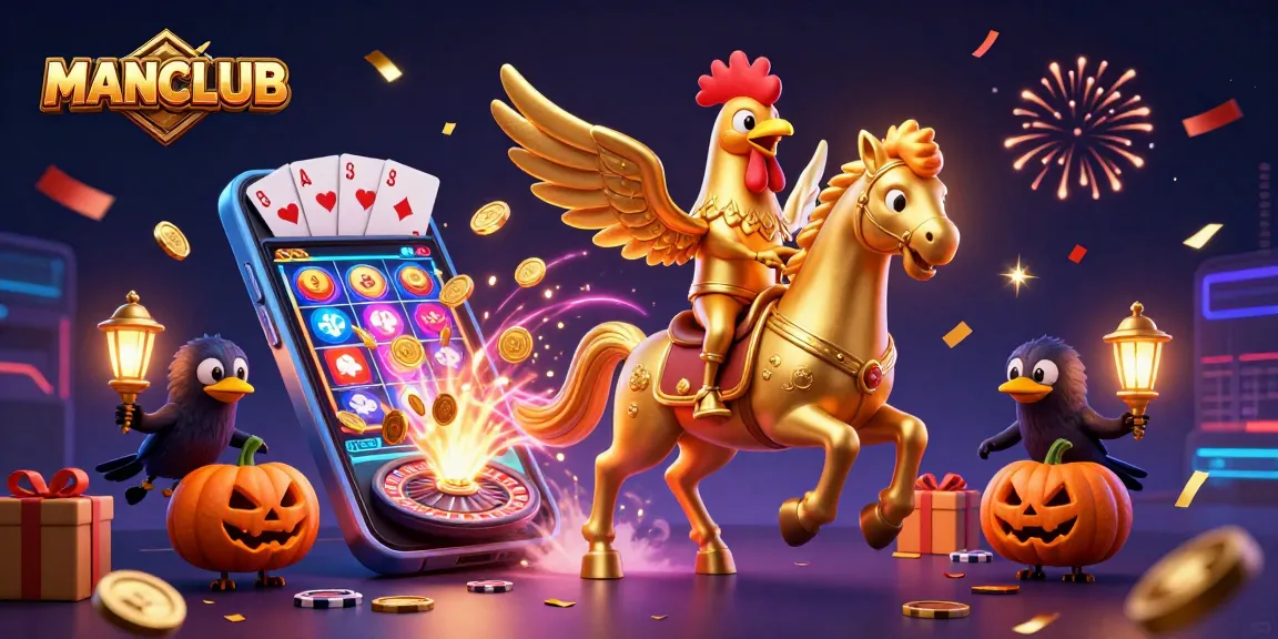 Experience the magic of MANCLUB as a golden rooster rides through a vibrant casino.