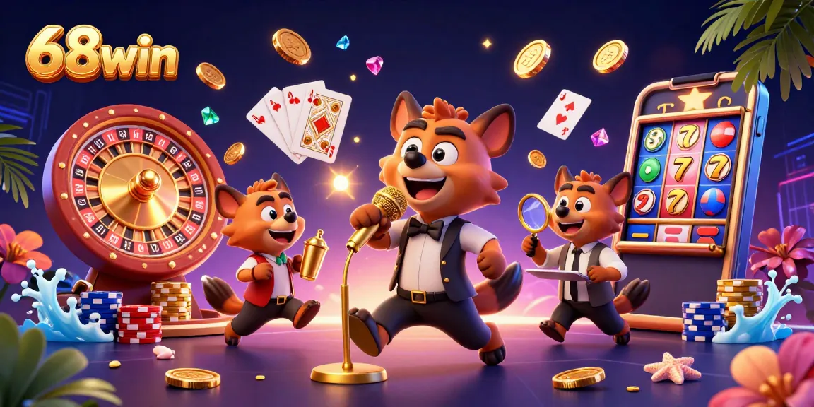 Experience exciting moments at 68win with a lively casino scene featuring animated hyenas.