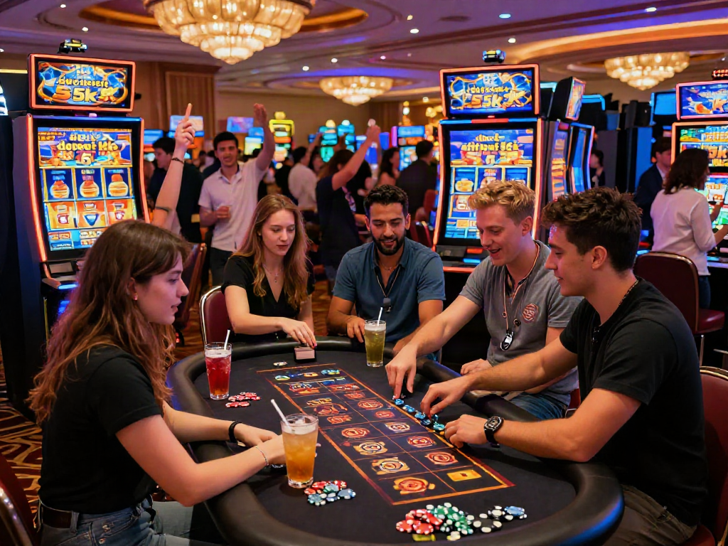 Exciting casino scene with friends around slot machines highlighting the benefit of slot deposit 5k.