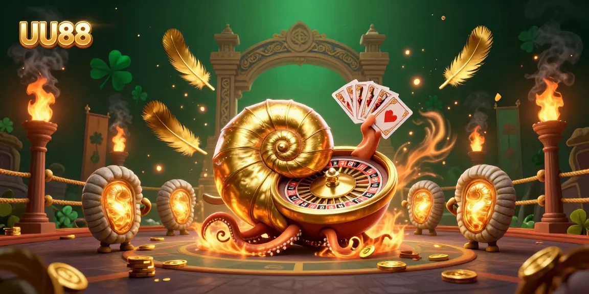UU88's vibrant 3D illustration showcases a giant nautilus roulette wheel, glowing ammonites, cards, and dynamic casino elements.