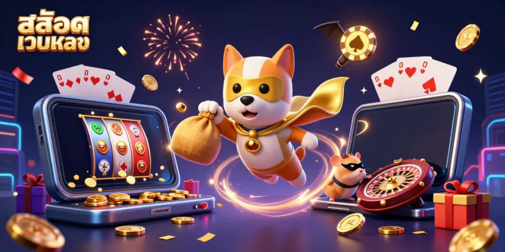 Experience the thrill of สล็อตเว็บตรง with a superhero dog and hamster flying amid casino excitement!