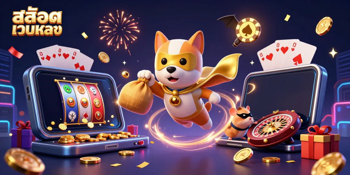 Experience the thrill of สล็อตเว็บตรง with a superhero dog and hamster flying amid casino excitement!