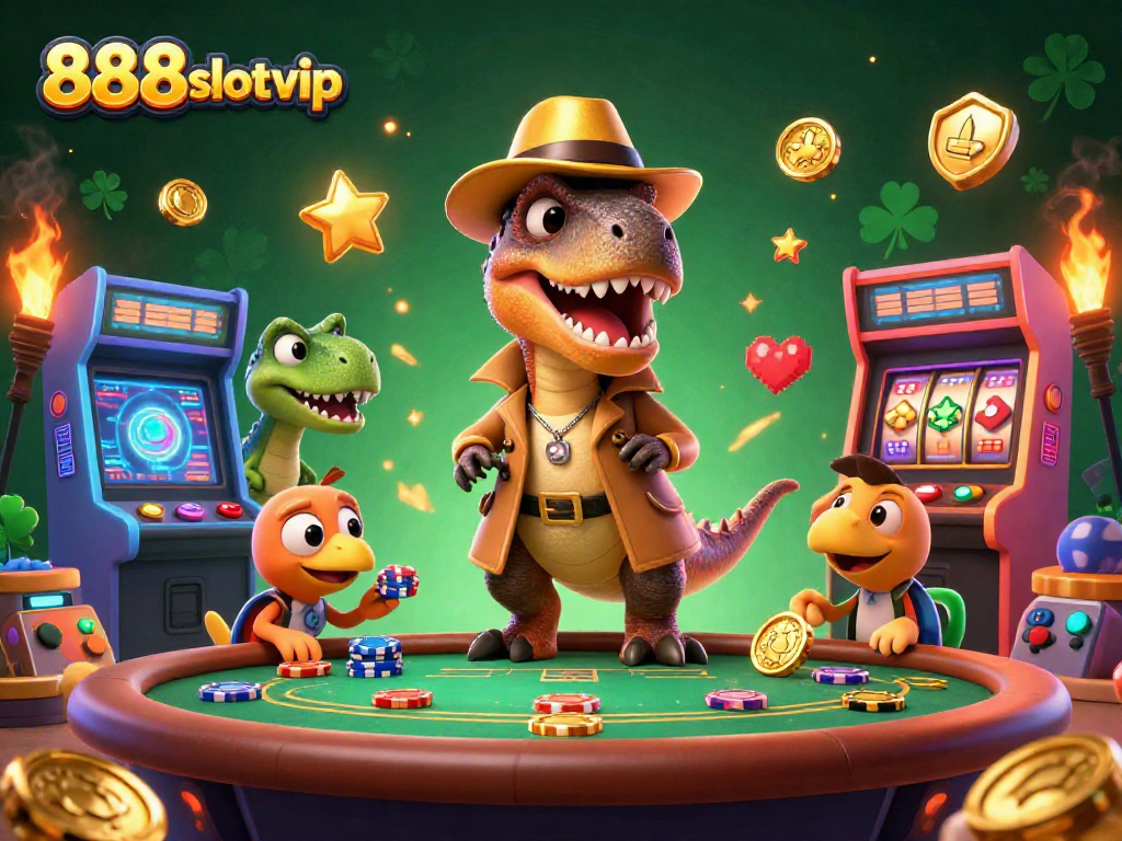Engaging illustration featuring 888slotvip characters at a casino table with colorful game elements