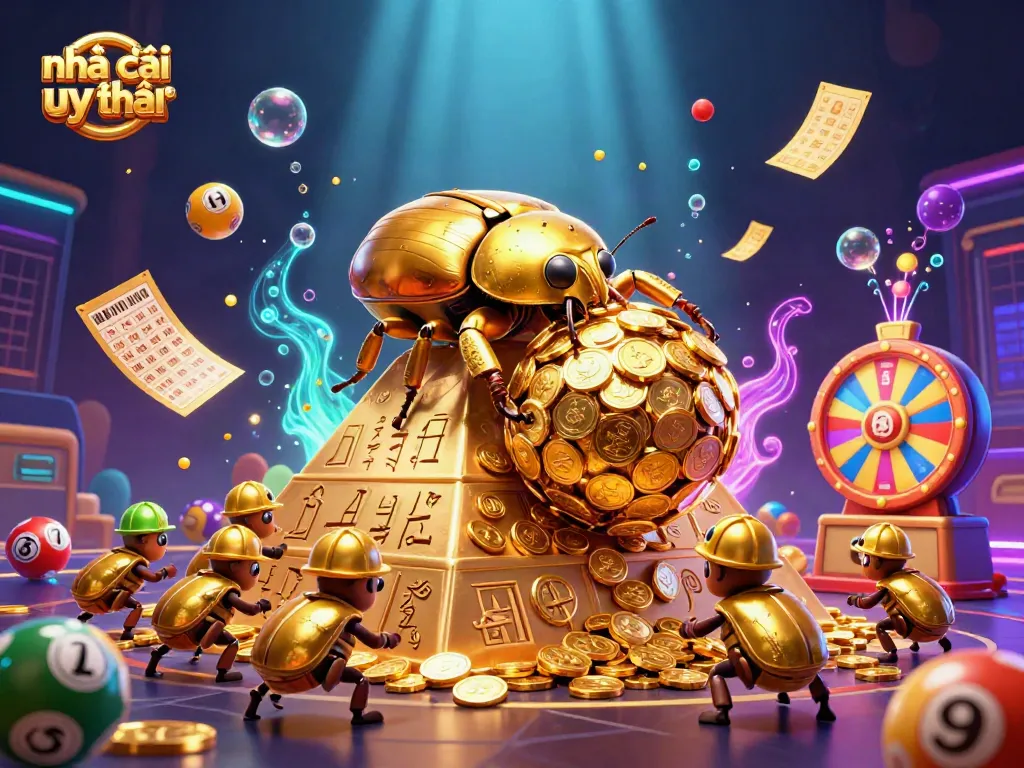 Engaging illustration showcasing Nhà cái uy tín with vibrant casino elements and a golden dung beetle theme.