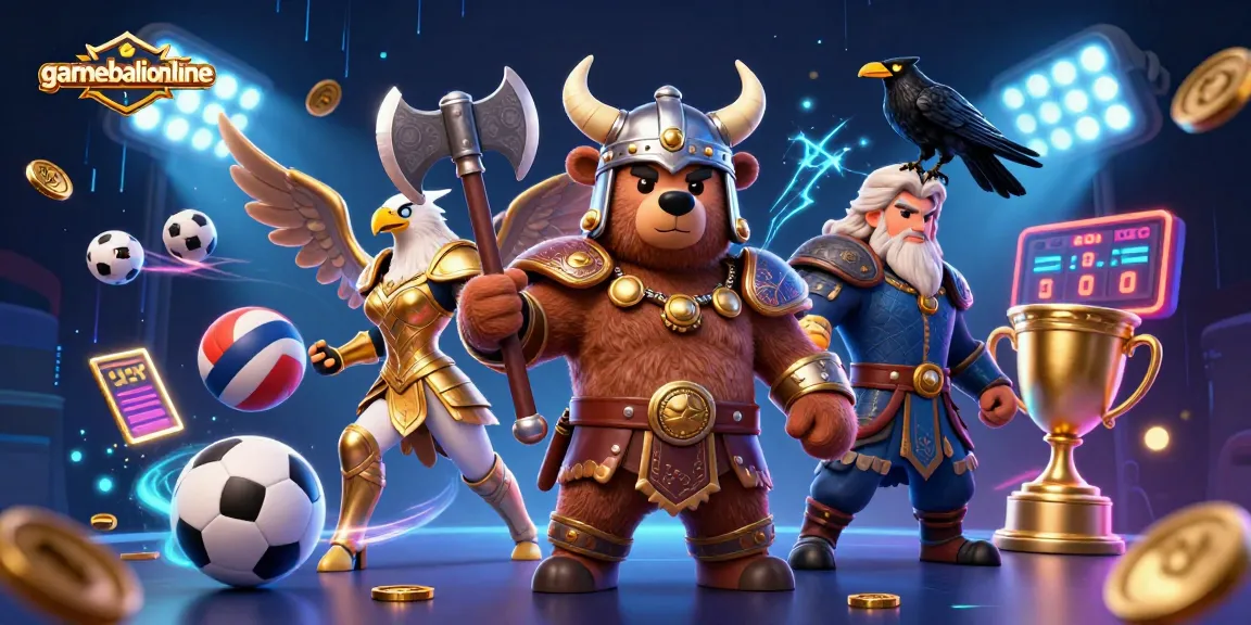 Gamebaiionline gaming scene featuring Viking bear and Valkyrie eagle amidst dynamic casino elements.