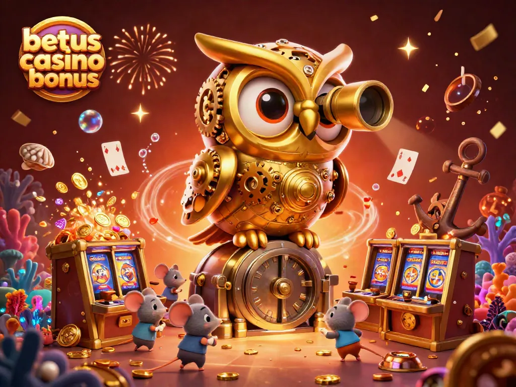 Win big with BetUS casino bonuses featuring a dynamic scene of a clockwork owl and slot machines.