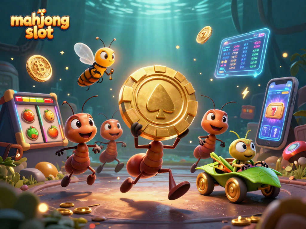 Engage with mahjong slot excitement featuring an ant heist scene full of vibrant casino elements.