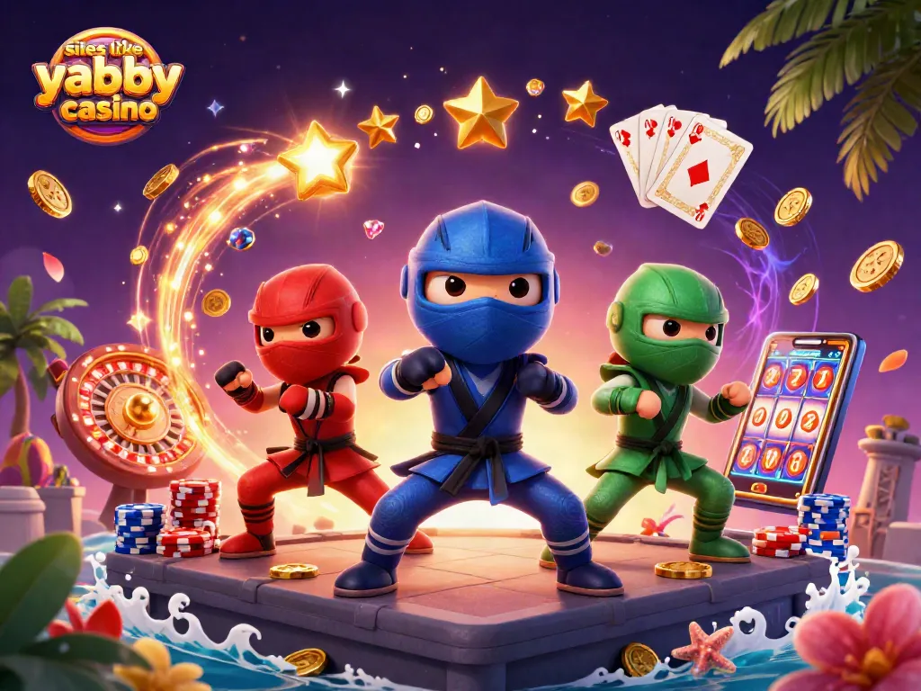 Win big at sites like yabby casino with chameleon ninjas celebrating in a vibrant gaming scene.