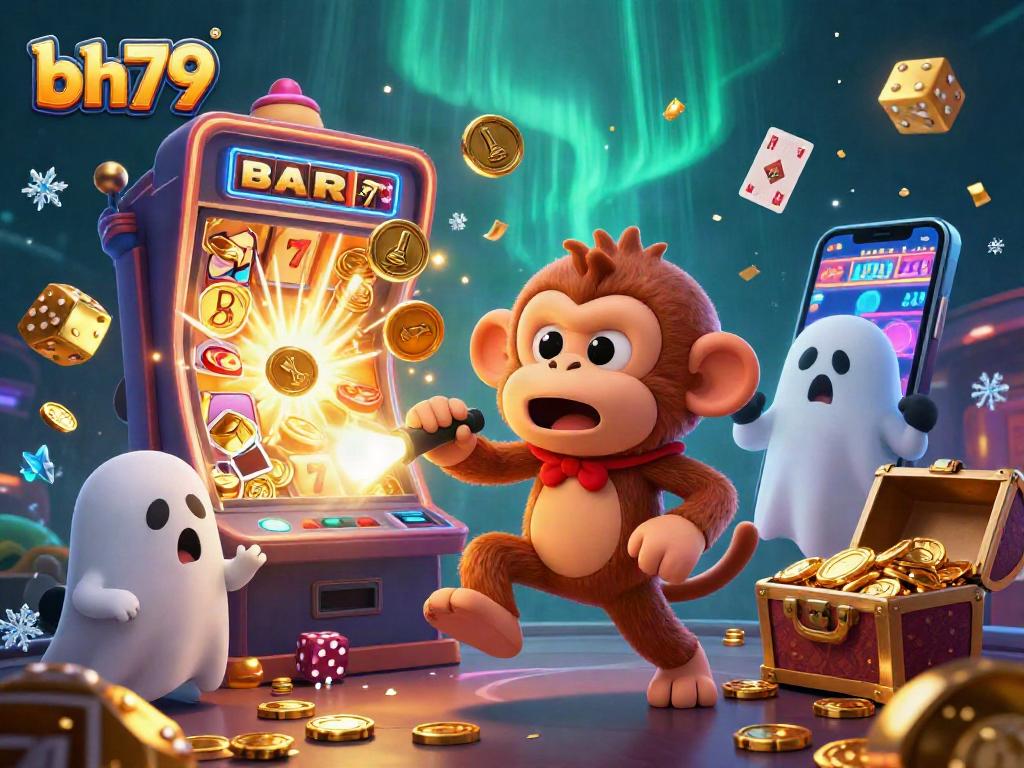 Engage with the dynamic bh79 casino scene featuring a mischievous poltergeist monkey and ghost-hunter puppy, perfect for gaming excitement.