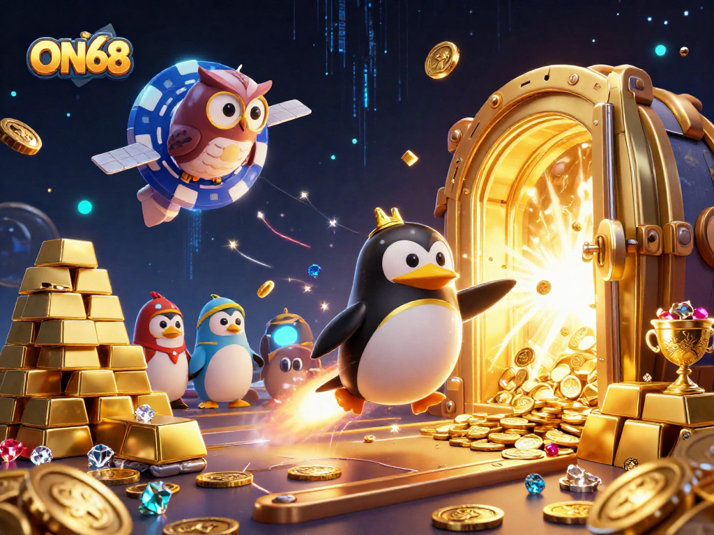 Experience thrilling gameplay at ON68 with a rocket-powered penguin in a dynamic casino adventure.