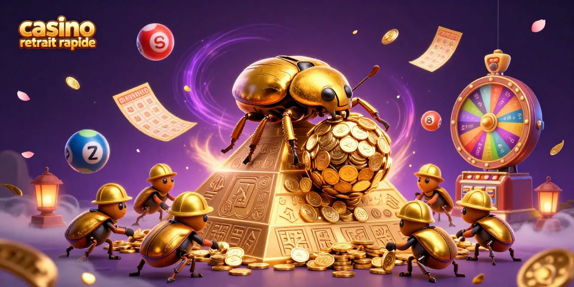 Casino retrait rapide : illustration d'un scarabée d'or transportant des pièces au sommet d'une pyramide magique.