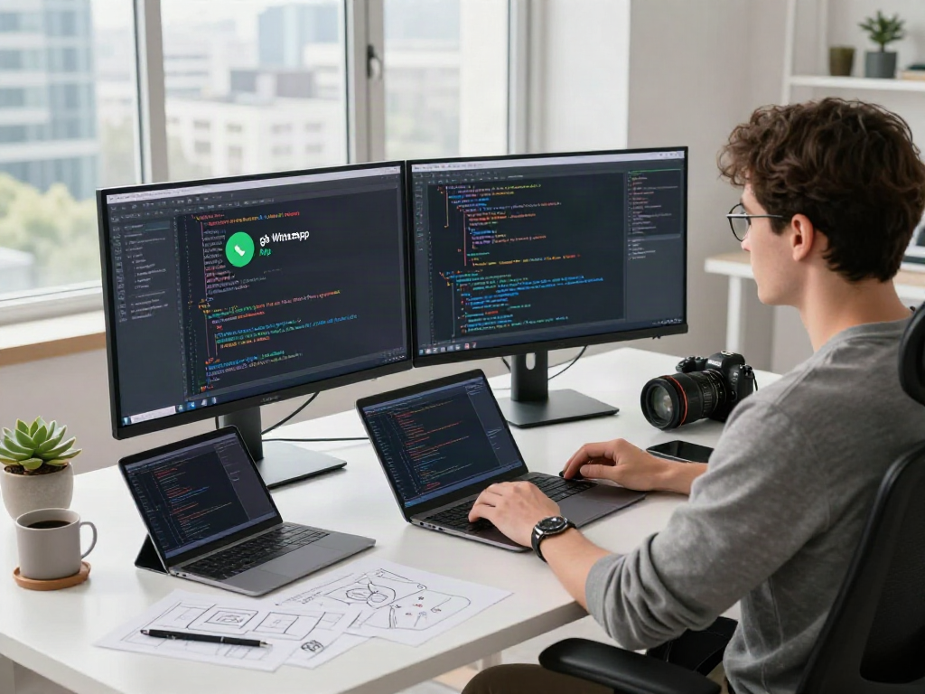 Explore the gb whatsapp apk in a modern developer workspace filled with creativity and technology.