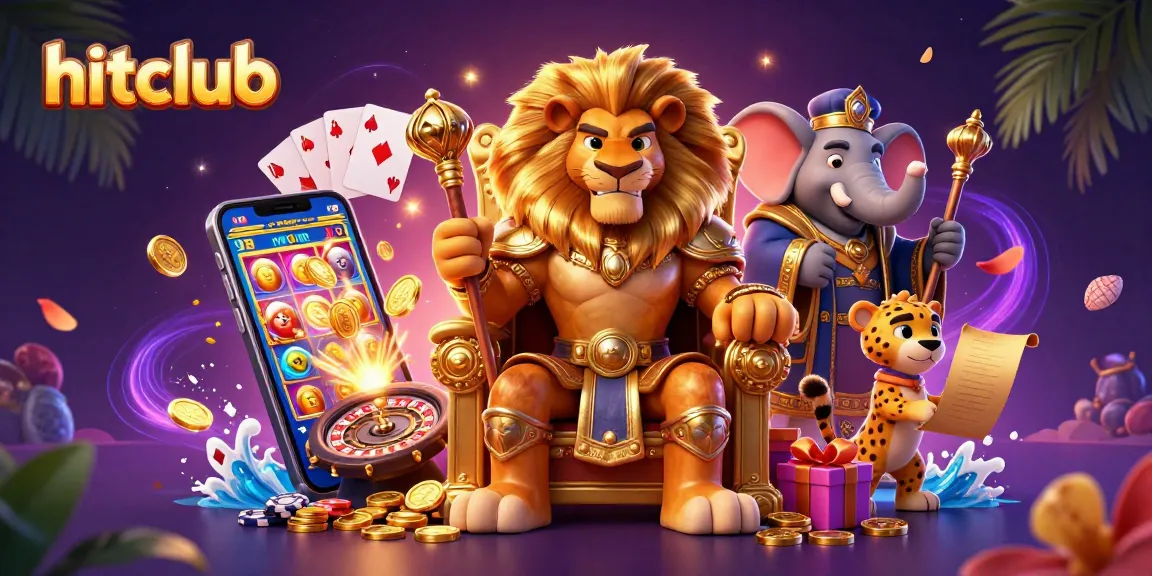Experience the hitclub thrill with a cartoon lion king, games, and gold coins bursting from a smartphone.