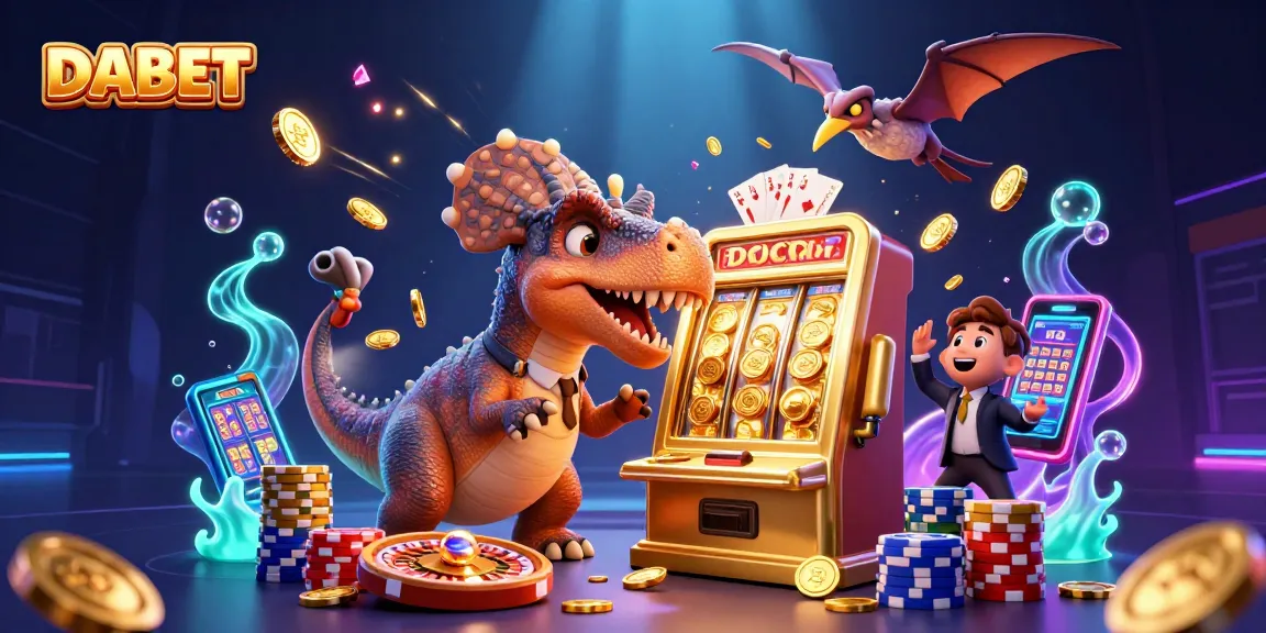 DABET captures a thrilling scene with a dinosaur jackpot in action amid casino excitement