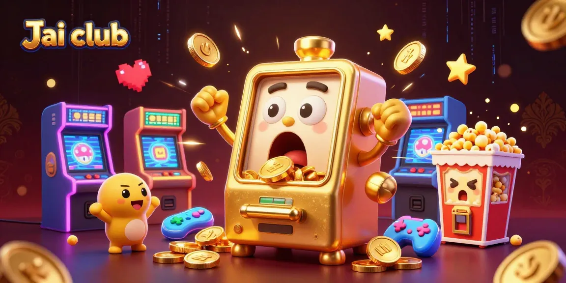 Experience the excitement at Jai club as the golden slot machine scores a jackpot, showering coins everywhere.
