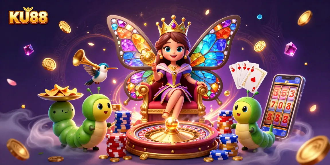 Experience thrilling wins at KU88 with a captivating butterfly queen in a vibrant casino scene.