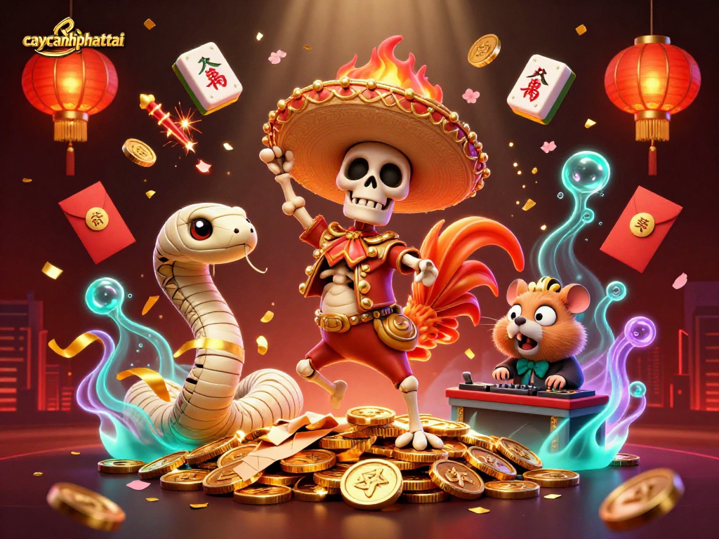 Experience the excitement of caycanhphattai with vibrant characters celebrating on golden coins.