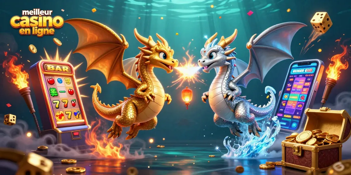 Vivez l'expérience du meilleur casino en ligne avec un dragon d'or et d'argent dans une scène dynamique de jeu.
