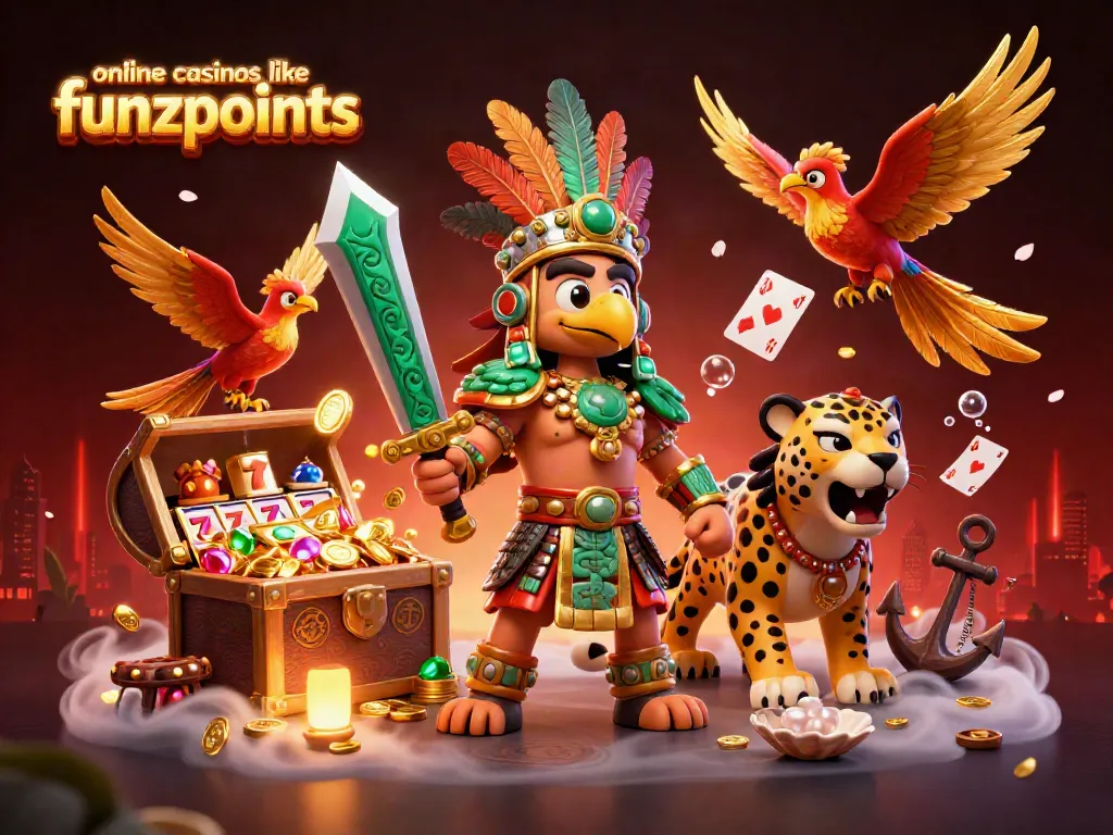 Spin and explore top online casinos like funzpoints in a vibrant 3D casino scene filled with treasures.