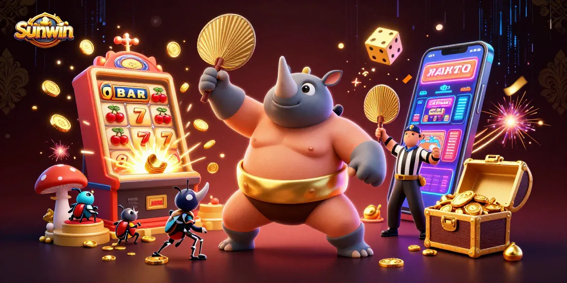 Sunwin's vibrant casino experience showcases sumo beetles and jackpot thrills in a dynamic 3D scene.