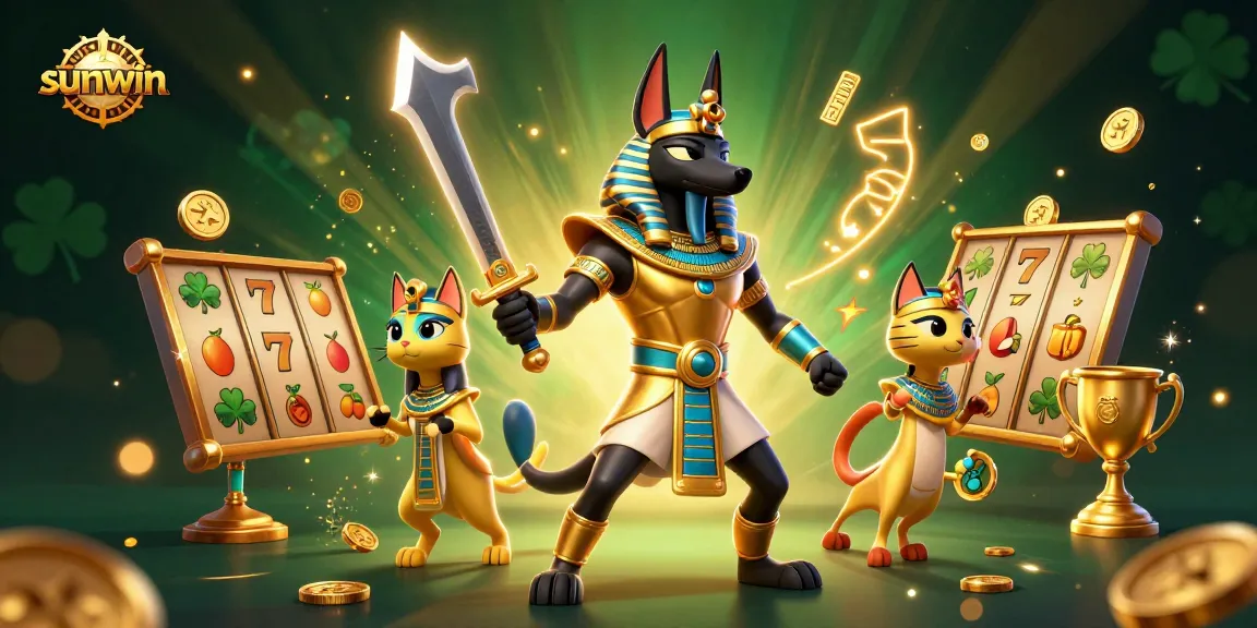 Experience thrilling gameplay with sunwin as Anubis and Bastet celebrate victory among vibrant slot machines.