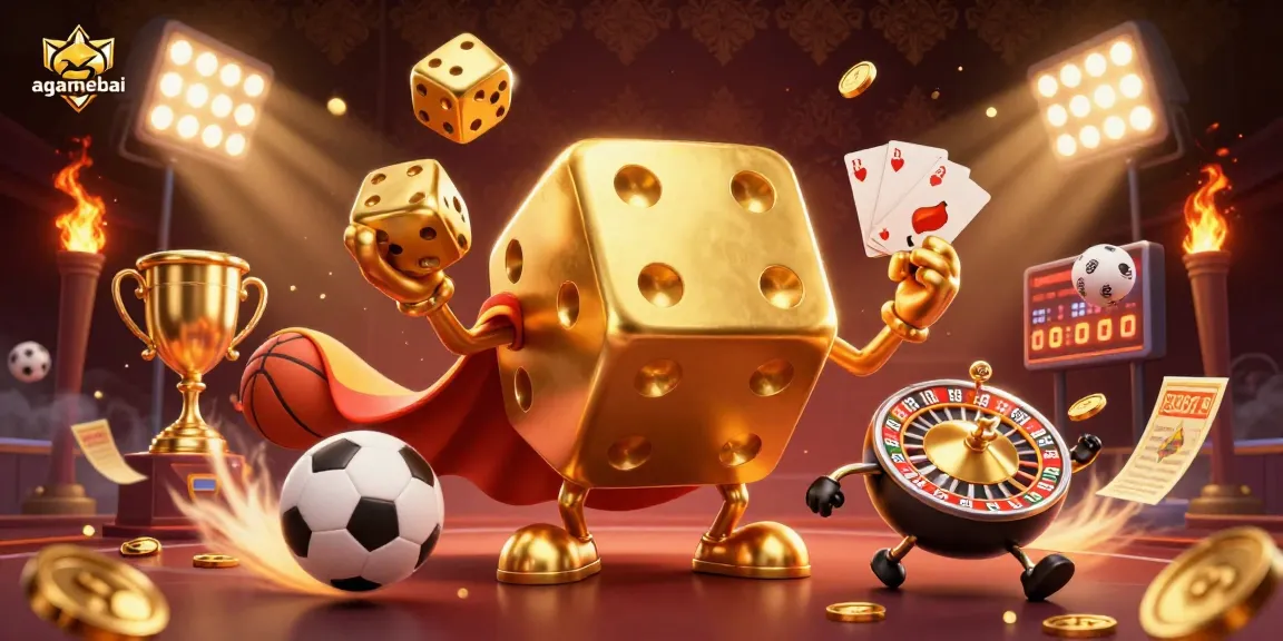Engage with the agamebai experience, featuring a dynamic golden dice golem juggling dice amidst sports and casino elements.
