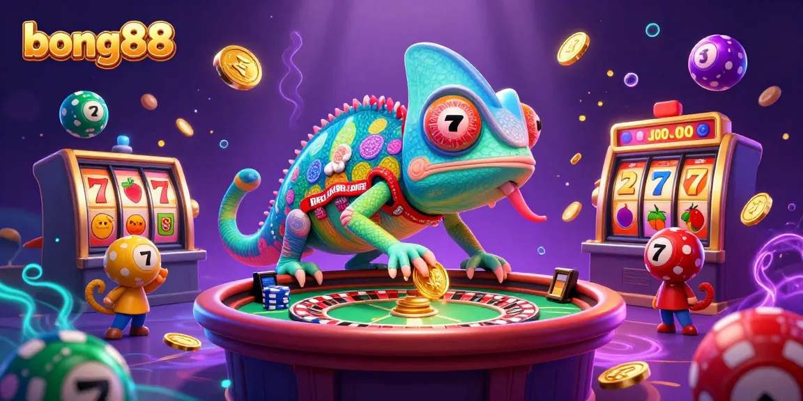 Experience vibrant gameplay at bong88 with a whimsical chameleon casino owner surrounded by jackpots.