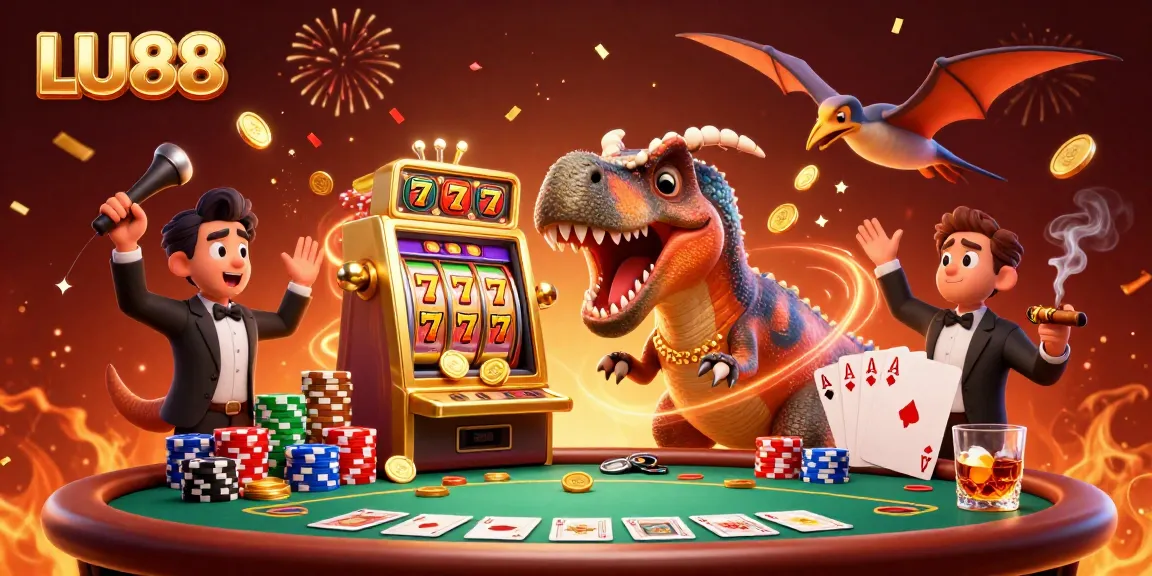 LU88 featuring a dinosaur at a golden slot machine, celebrating jackpot wins in a lively casino scene.