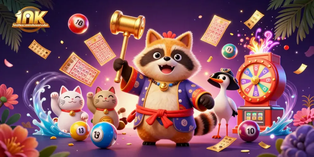 Experience limitlesscasinobonuscodes with a cheerful tanuki character and vibrant gaming elements.