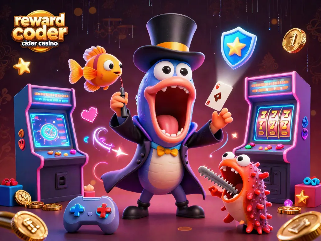 Engaging casino scene showcasing the reward code for cider casino through vibrant 3D characters and casino elements.