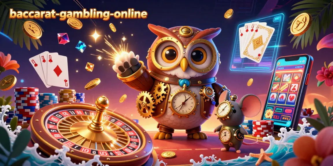 Baccarat-gambling-online showcases an enchanting scene with a time-traveler owl and a clockwork mouse amidst dynamic casino elements.