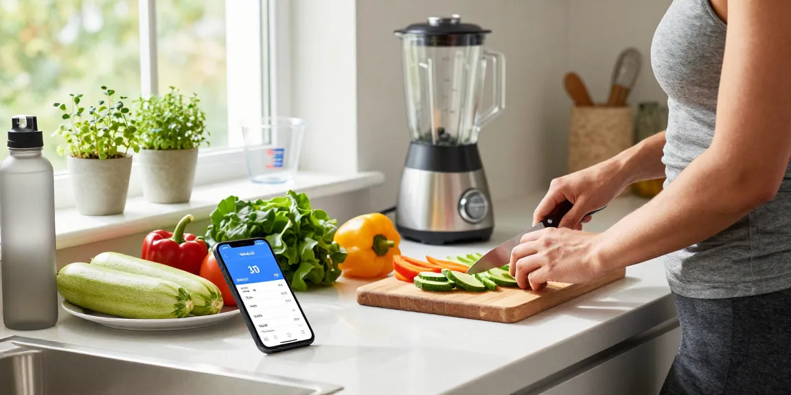 The best calorie tracker app displayed in a modern kitchen during meal prep, showcasing healthy ingredients and vibrant food.