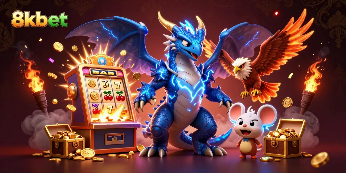Spin the reels at 8kbet with a dynamic 3D casino scene featuring an electrifying dragon and vibrant game elements.