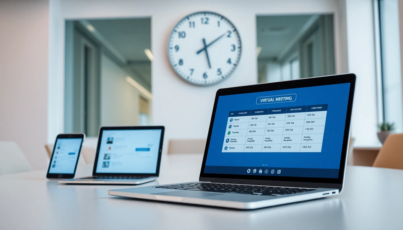 Streamlined view of AI scheduling with time zones interface on devices in a modern office.