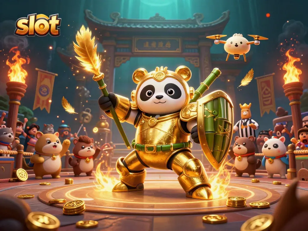 Slot menampilkan panda emas dan robot bertarung di arena taruhan dengan penonton hewan menyemarakkan suasana.