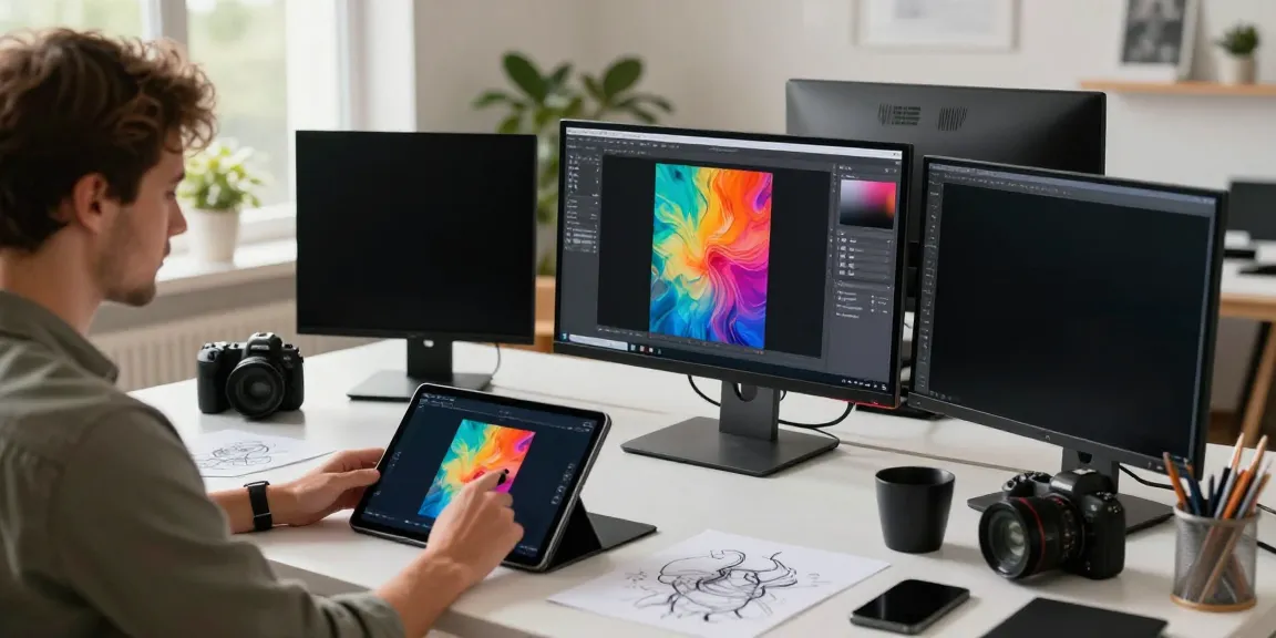 Creative artist editing AI visuals in a modern studio at typeshutter.com