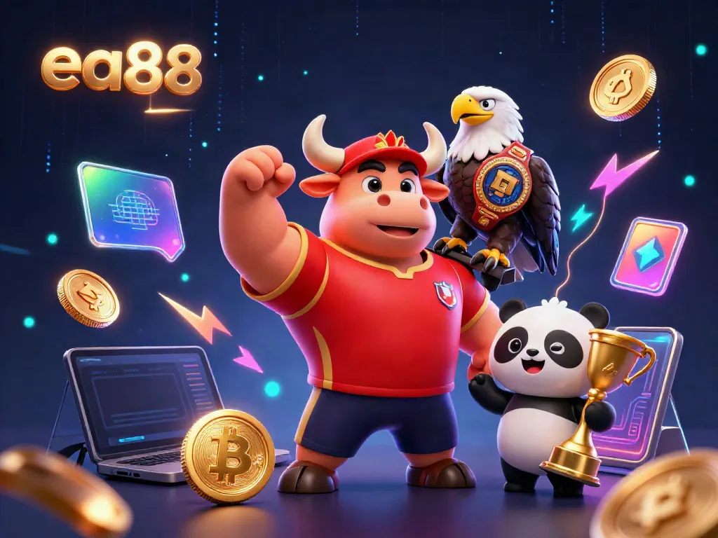 Các nhân vật hoạt hình cho trò chơi casino ea88, cùng với các đồng tiền Bitcoin và Ethereum sáng rực.
