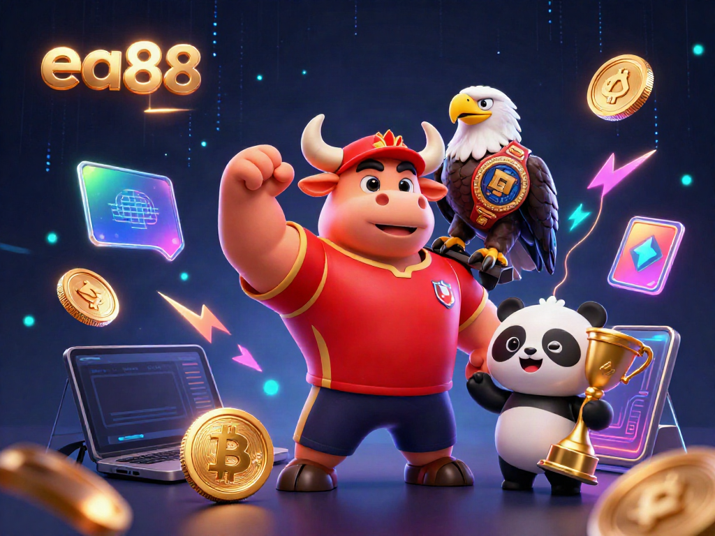 Các nhân vật hoạt hình cho trò chơi casino ea88, cùng với các đồng tiền Bitcoin và Ethereum sáng rực.