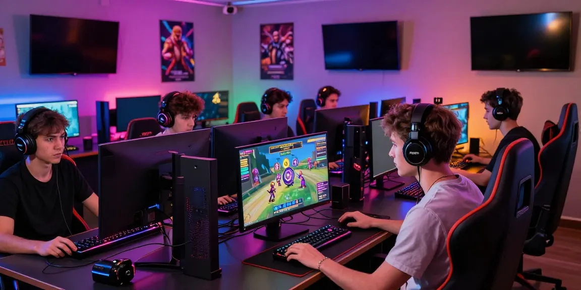 Gamers enjoying PG SLOT in a lively gaming lounge filled with colorful lights and accessories.