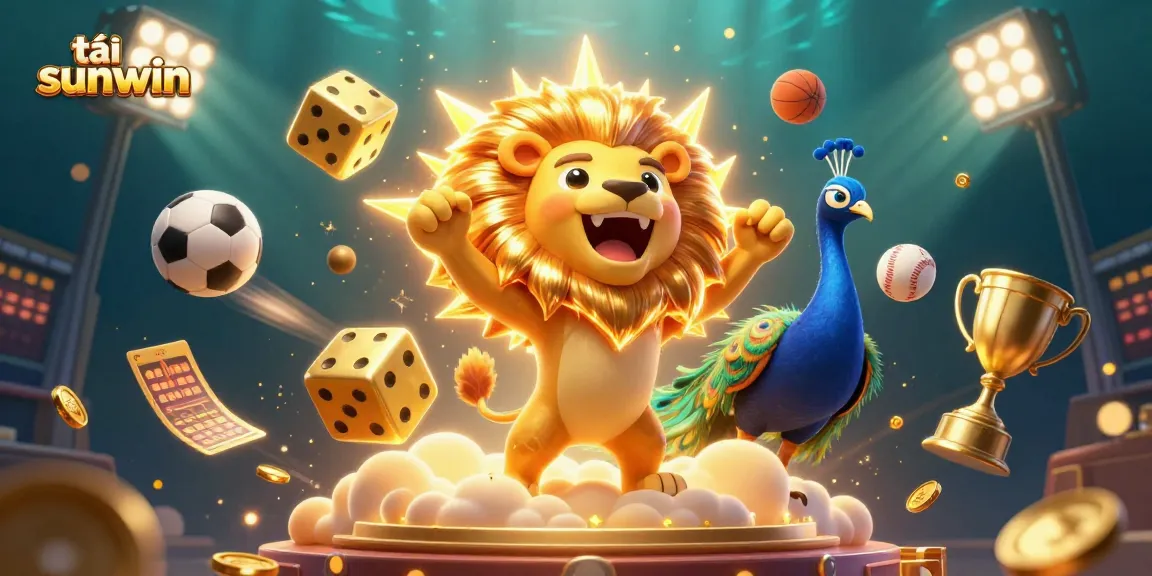 Tải sunwin game scene featuring a roaring sun lion, golden dice, and dynamic sports elements.
