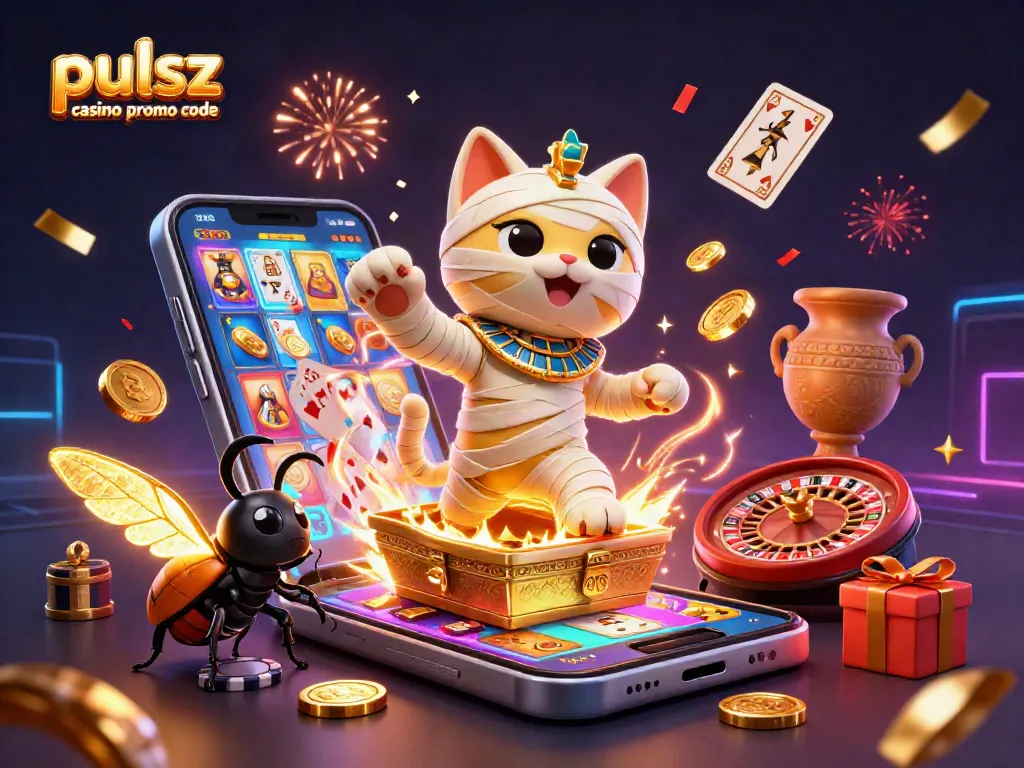 Pulsz casino promo code scene featuring a mummy cat and rich casino elements in vibrant colors.