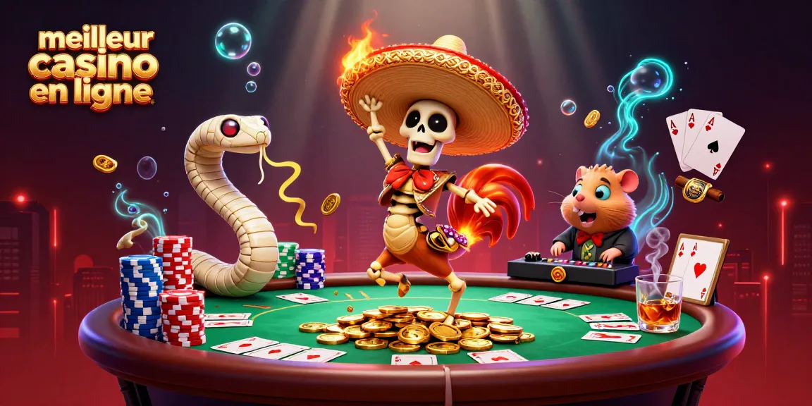 Image dynamique avec un rooster mariachi dansant pour le meilleur casino en ligne, entouré de jetons de poker.