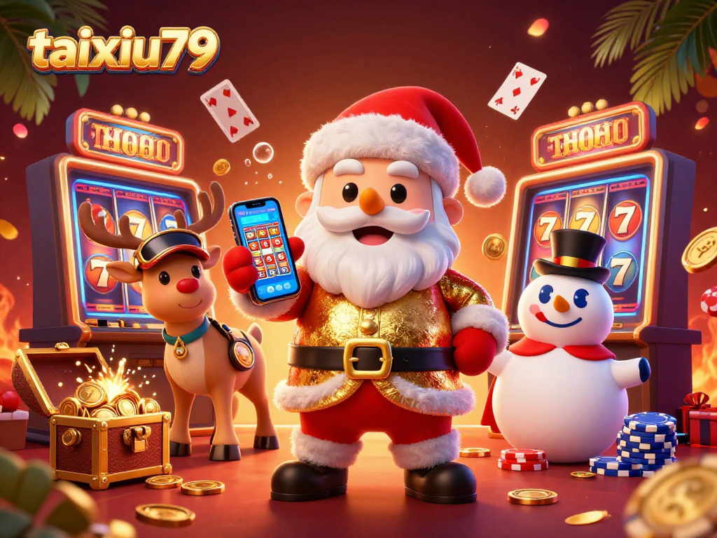 Engage with taixiu79 in a vibrant casino scene featuring Santa and friends celebrating jackpots.