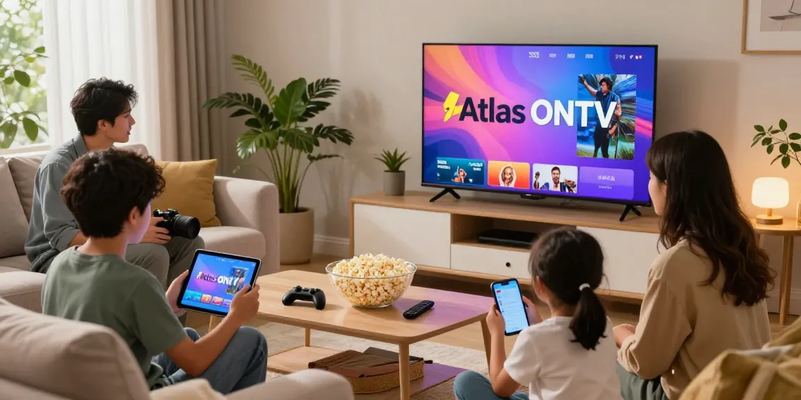 Family enjoying Atlas Pro IPTV on a large TV in a modern living room.