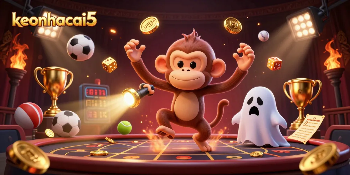 keonhacai5 showcases a mischievous poltergeist monkey navigating a haunted casino with golden elements.